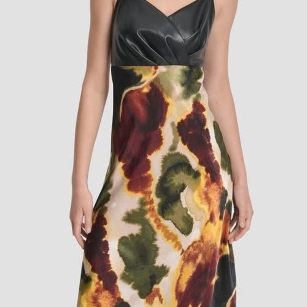 DKNY Black Faux-Leather Top Maxi Dress with Multicolor Abstract Print